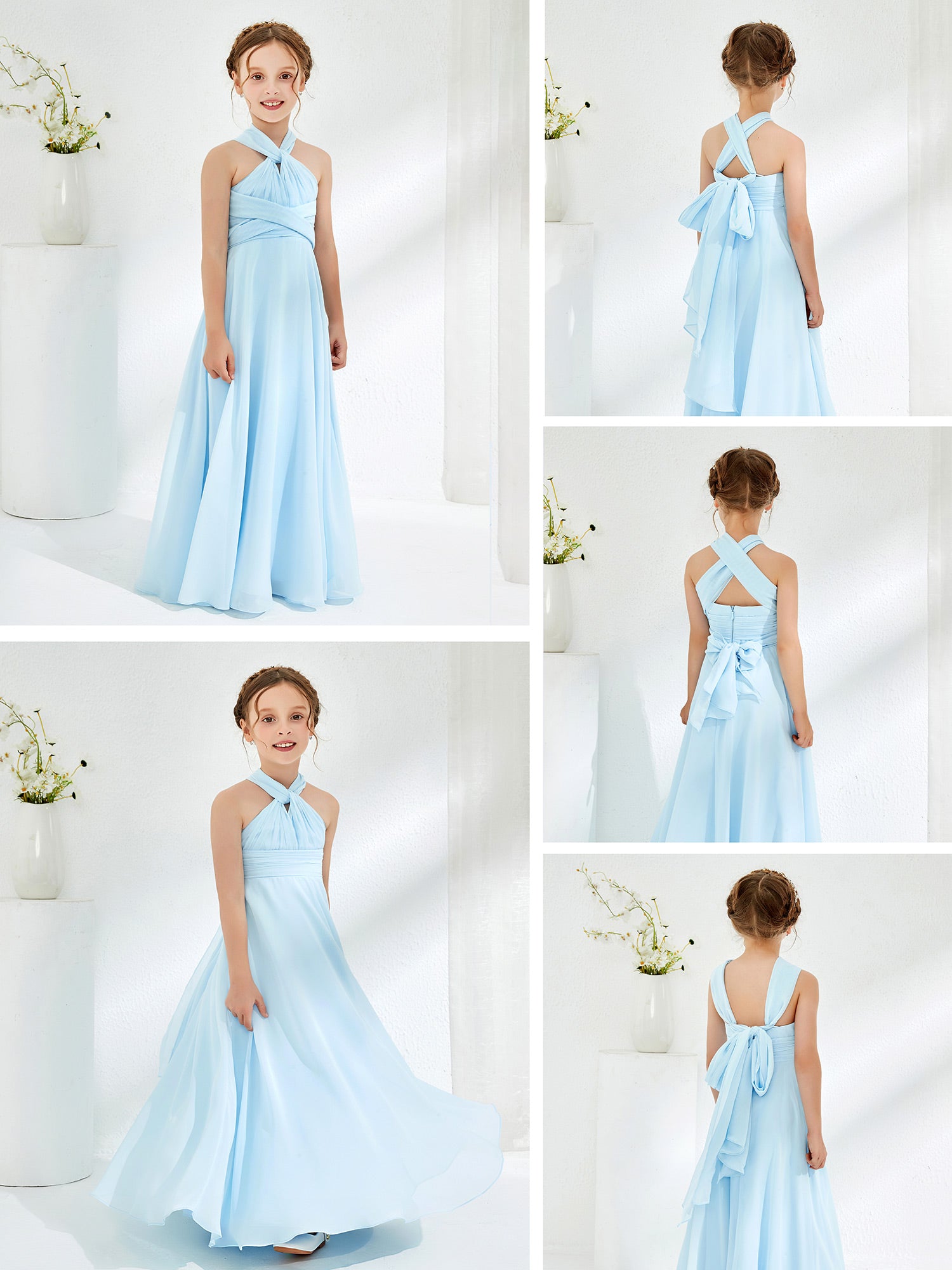 Halter Neckline Chiffon Junior Bridesmaid Dresses Sky Blue